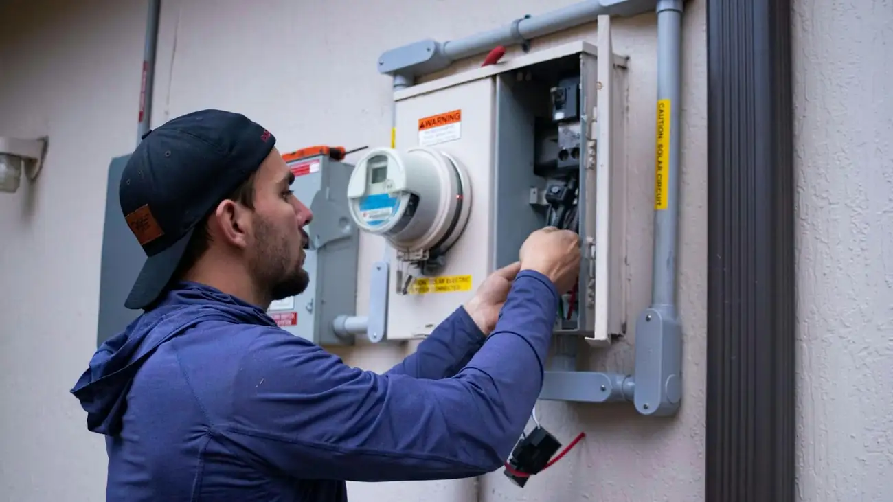 Técnico conectando una caja de protección y contador